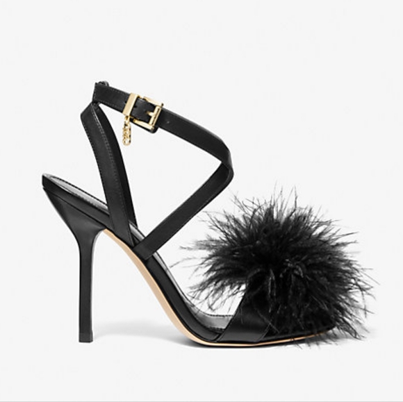 Micheal Kors Whitby Feather Trim Leather Sandals/Black - Picture 2 of 9
